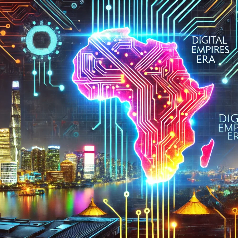 DALL·E 2024-12-29 03.46.45 - A futuristic and vibrant depiction of Africa at the center of a global technological revolution. The image features a digital map of Africa glowing wi